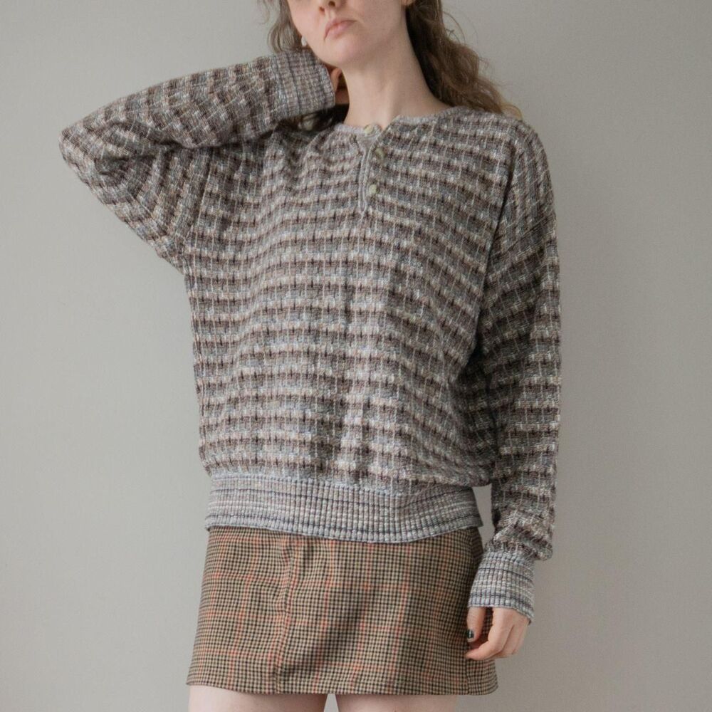 Vintage European Florence Tricot Knit Coogi Style Brown Beige Henley Sweater